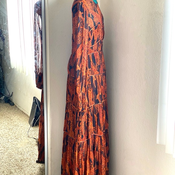 FARM Rio Orange and Black Long Sleeve Pleated Tiered Maxi Dress Size M - Picture 4 of 6